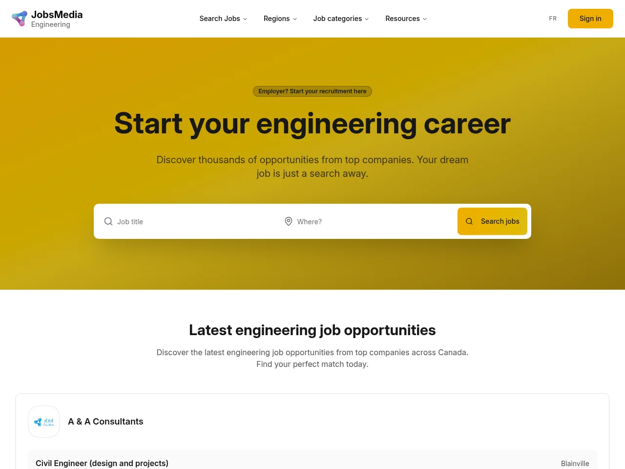 Engineering Jobs | JobsMedia.io job board platform screenshot showing job search interface