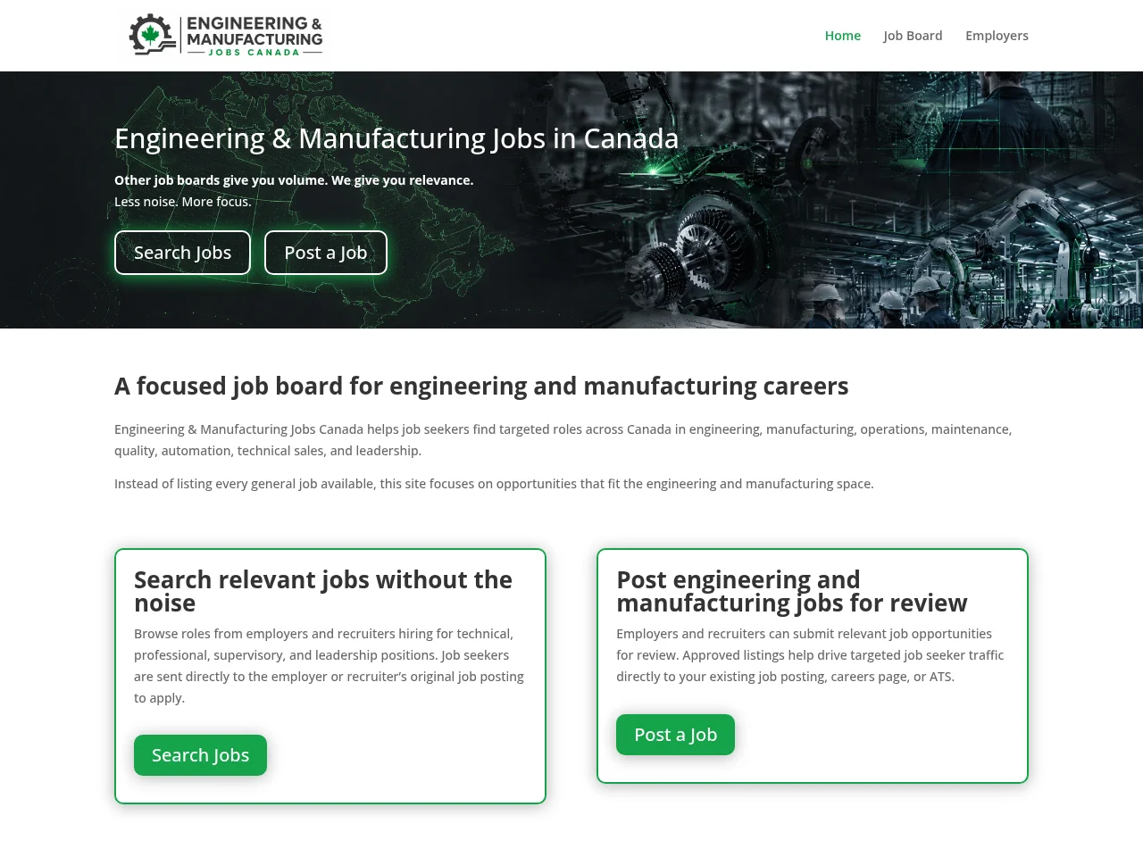 Engineering & Manufacturing Jobs Canada job board platform screenshot showing job search interface