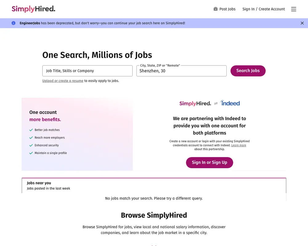 SimplyHired job board platform screenshot showing job search interface