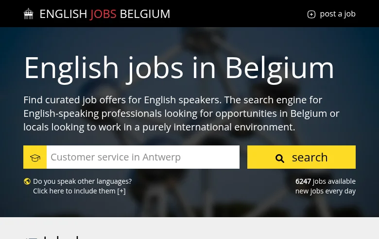 EnglishJobs.be job board platform screenshot showing job search interface