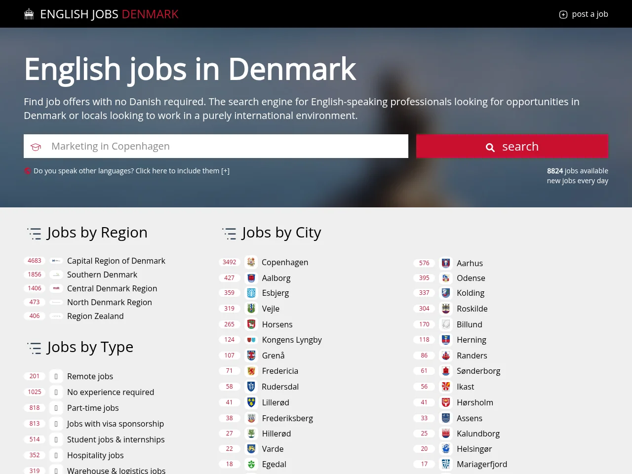 English Jobs in Denmark job board platform screenshot showing job search interface