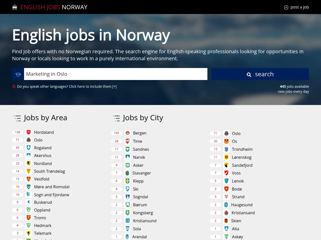 English Jobs Norway job board platform screenshot showing job search interface