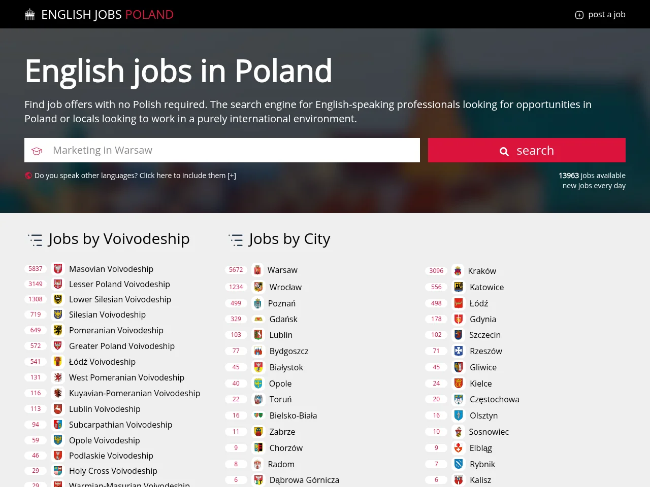 English Jobs Poland job board platform screenshot showing job search interface