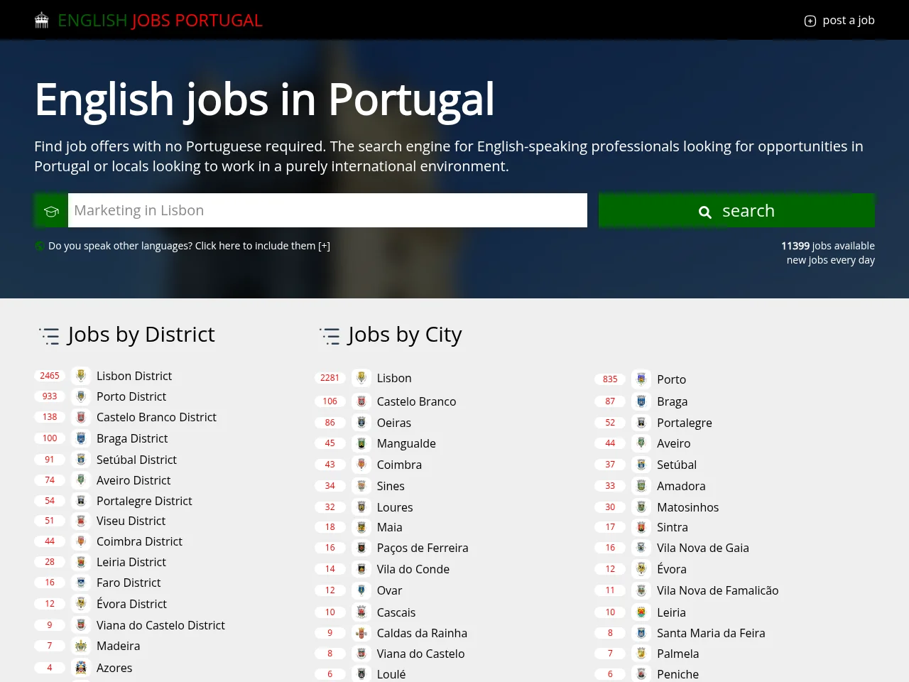 English Jobs Portugal job board platform screenshot showing job search interface