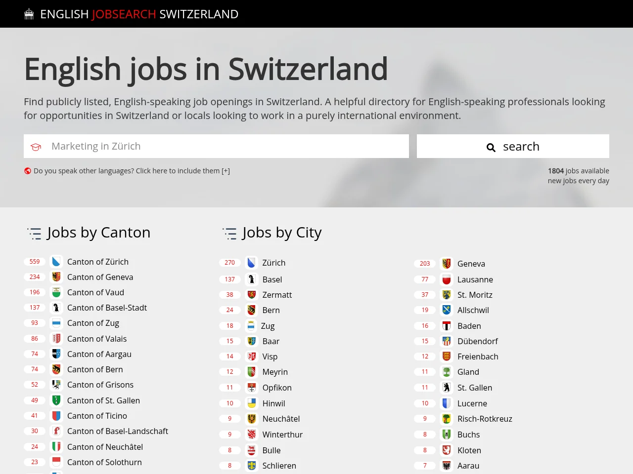 English Job Search Switzerland screenshot English Job Search Switzerland job board platform screenshot showing job search interface