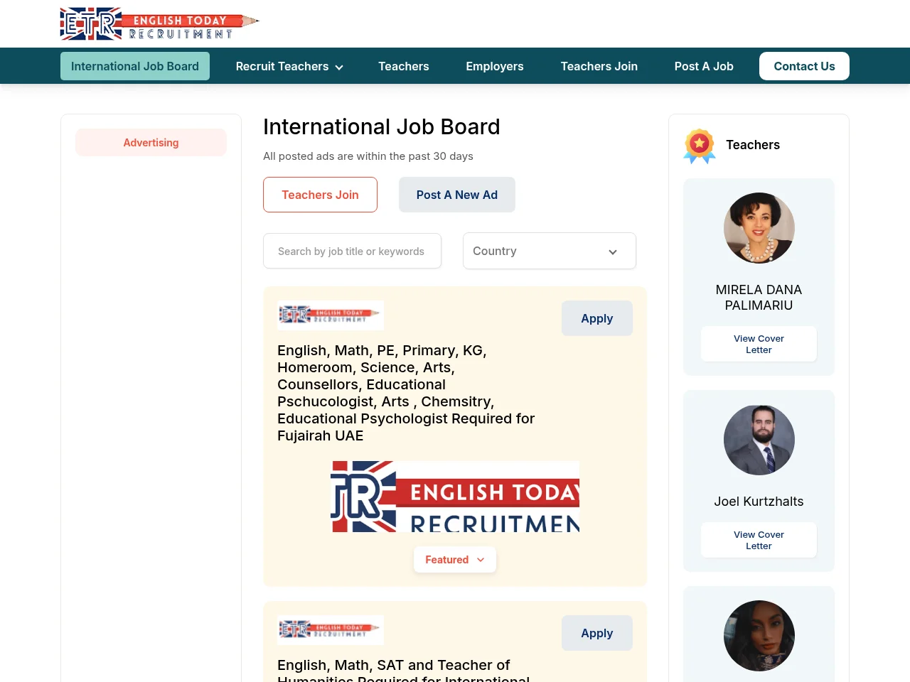 English Today Recruitment job board platform screenshot showing job search interface