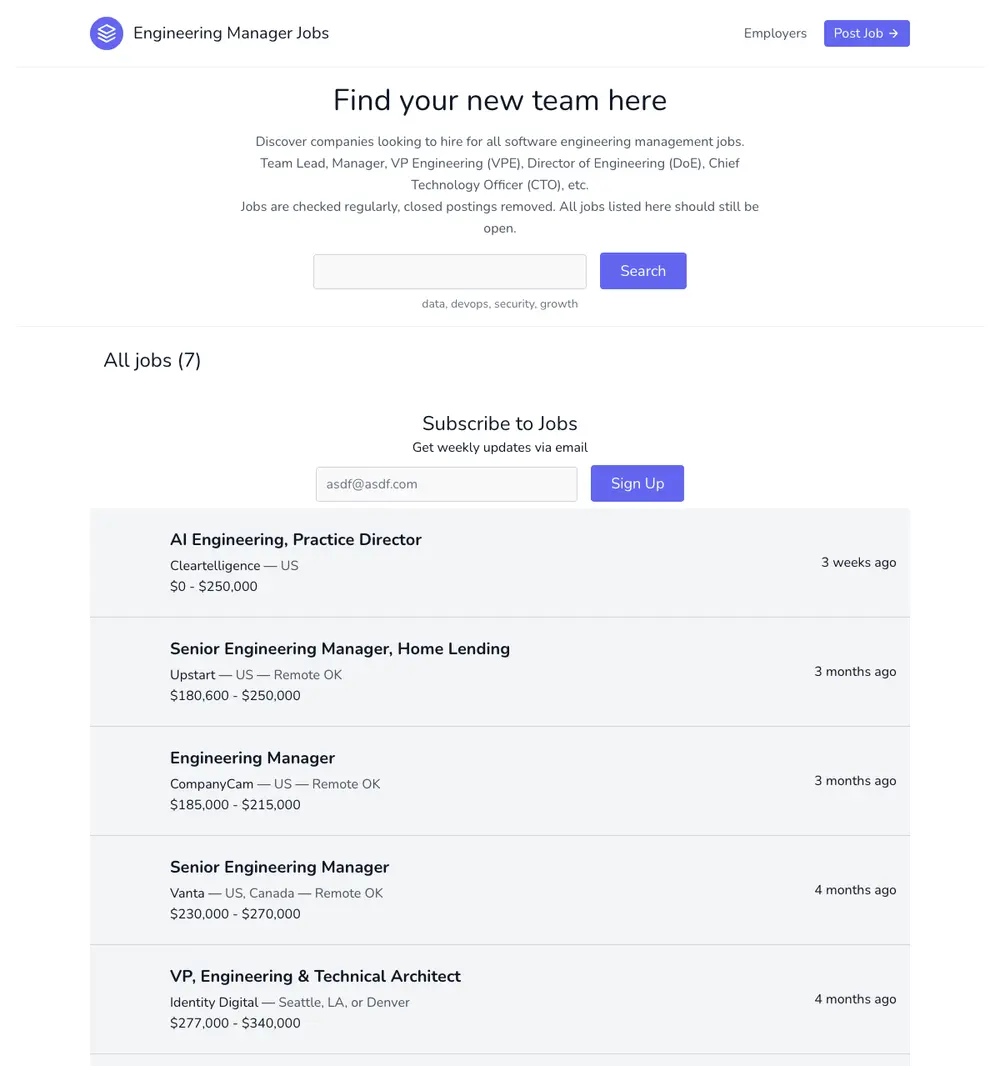 Engineering Manager Jobs job board platform screenshot showing job search interface