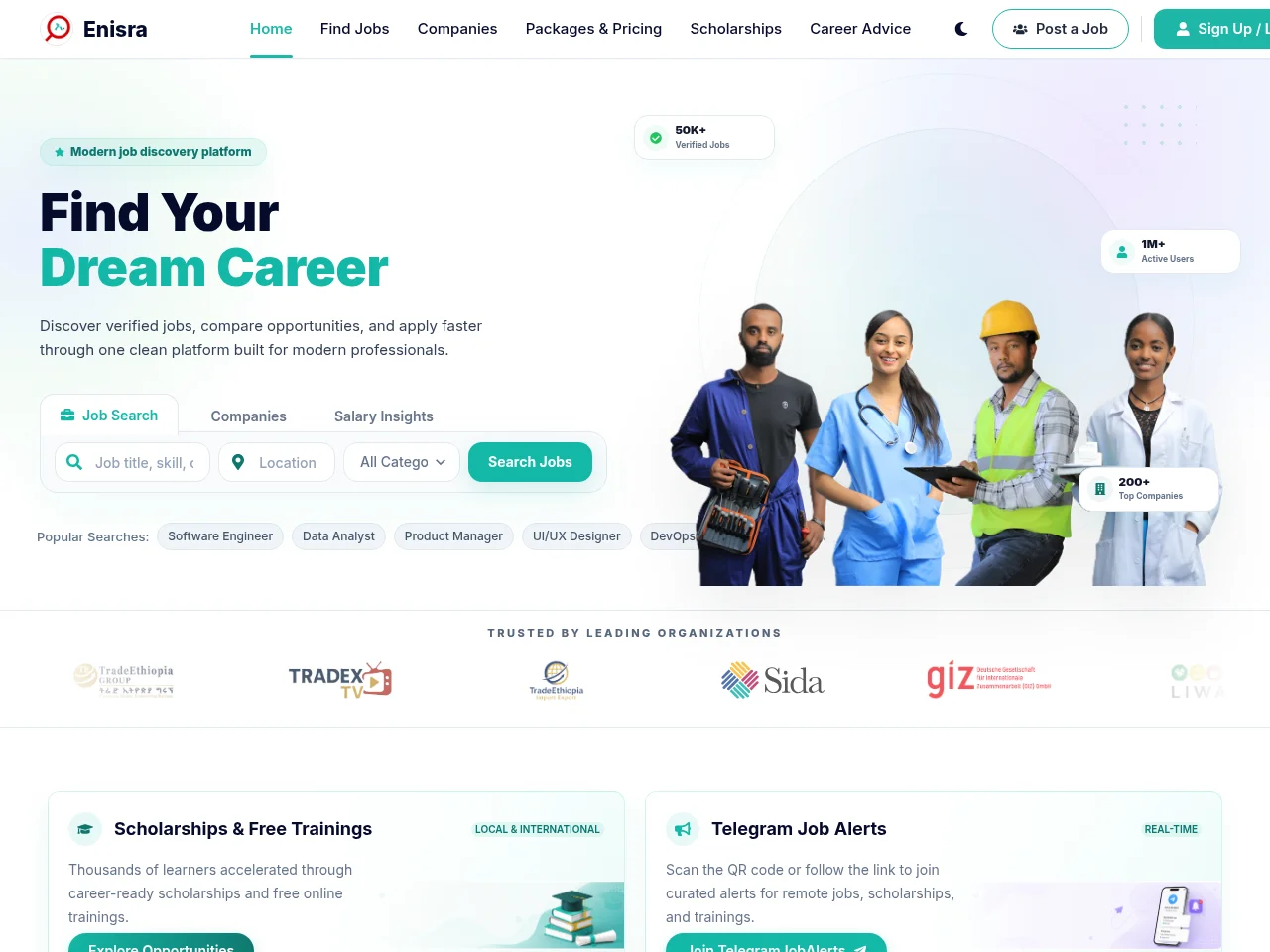 Enisra job board platform screenshot showing job search interface