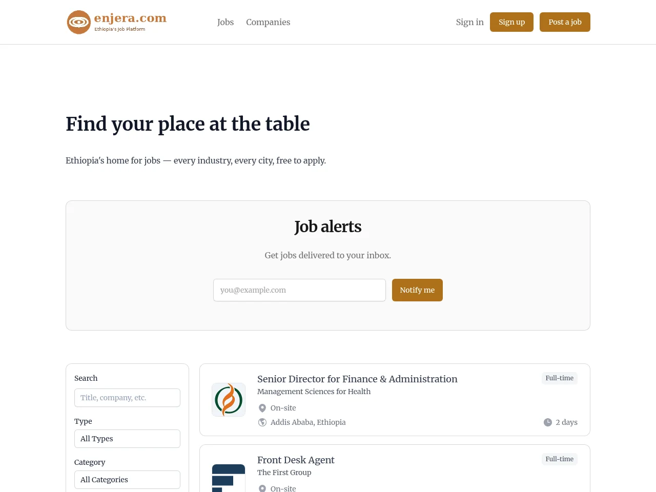 Enjera.com job board platform screenshot showing job search interface
