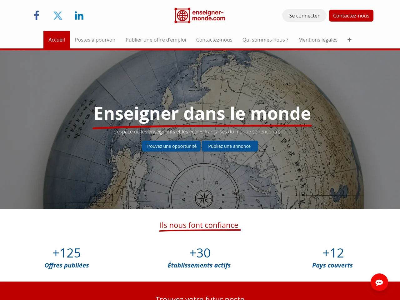 Enseigner-monde.com job board platform screenshot showing job search interface