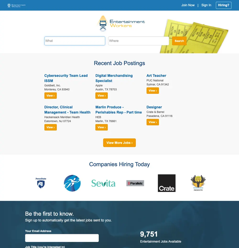 EntertainmentWorkers screenshot EntertainmentWorkers job board platform screenshot showing job search interface