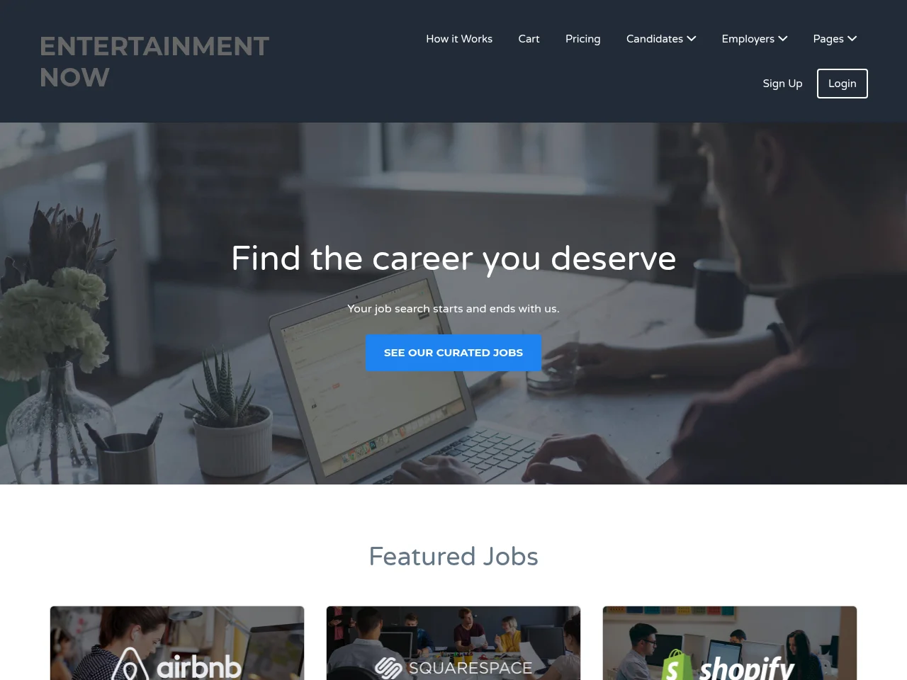 Entertainment NOW job board platform screenshot showing job search interface