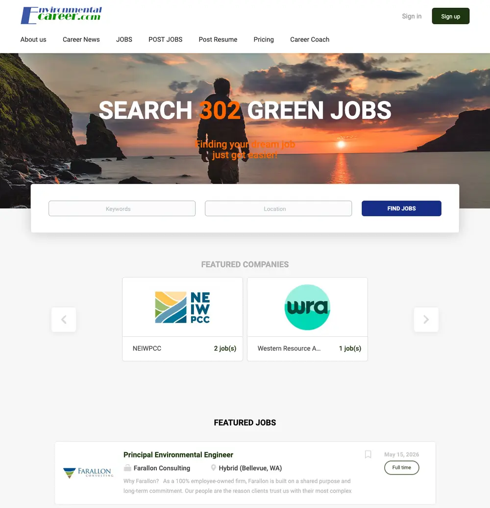 EnvironmentalCareer.com job board platform screenshot showing job search interface