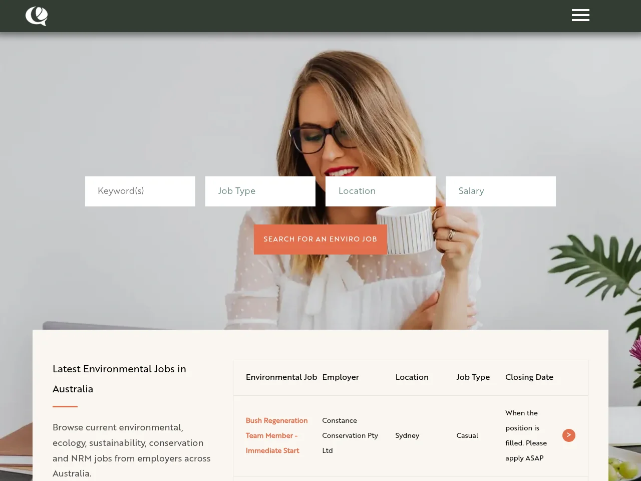 Environmental Jobs Australia job board platform screenshot showing job search interface