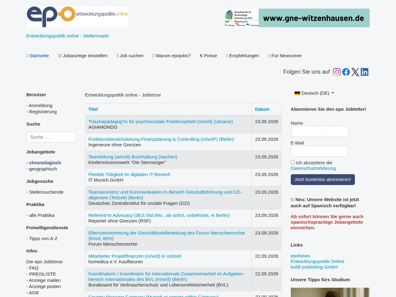 epojobs.eu job board platform screenshot showing job search interface