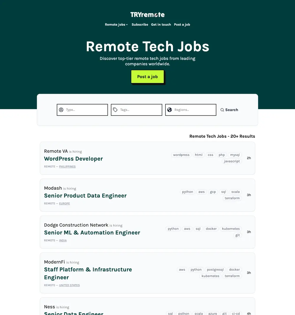 TRYremote job board platform screenshot showing job search interface