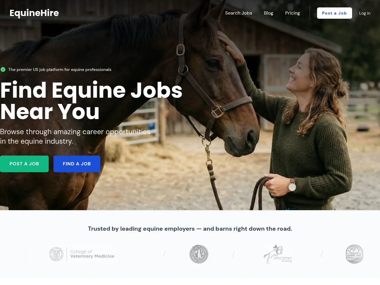 EquineHire job board platform screenshot showing job search interface