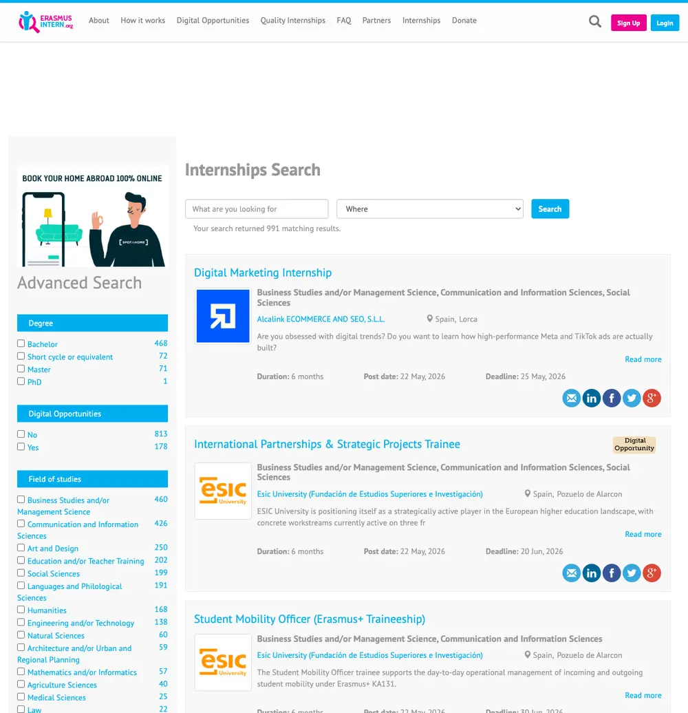 ErasmusIntern job board platform screenshot showing job search interface