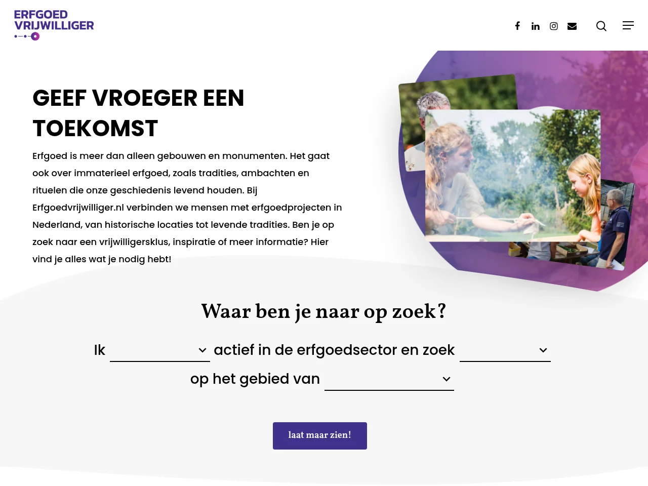 Erfgoedvrijwilliger job board platform screenshot showing job search interface