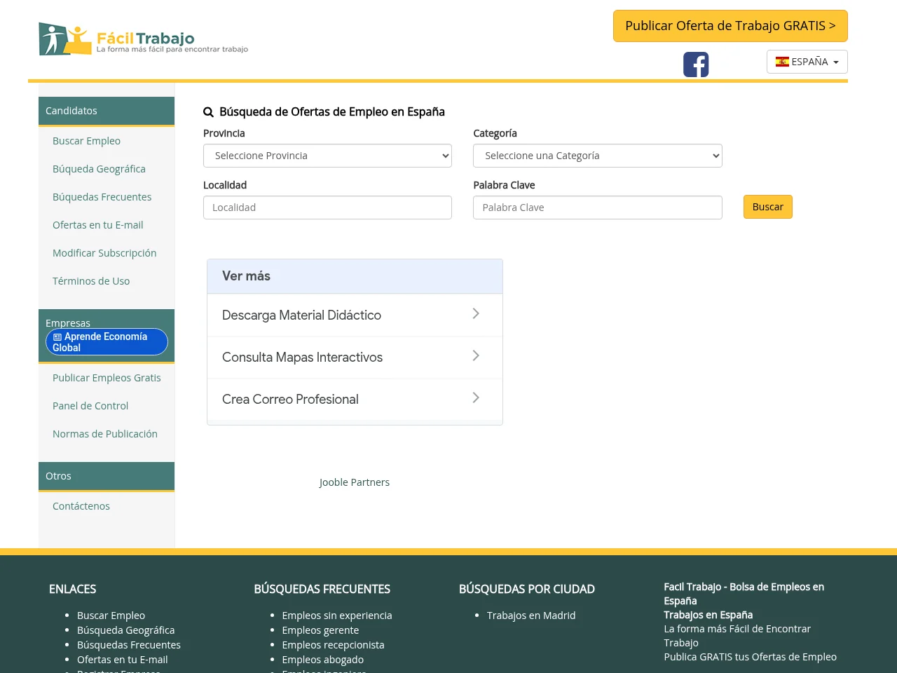 Facil Trabajo job board platform screenshot showing job search interface