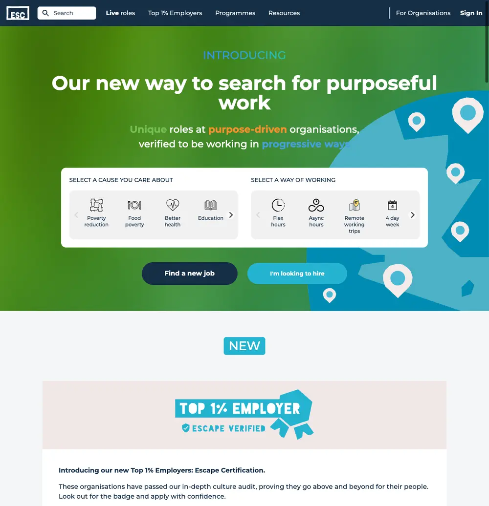 Escape the City job board platform screenshot showing job search interface