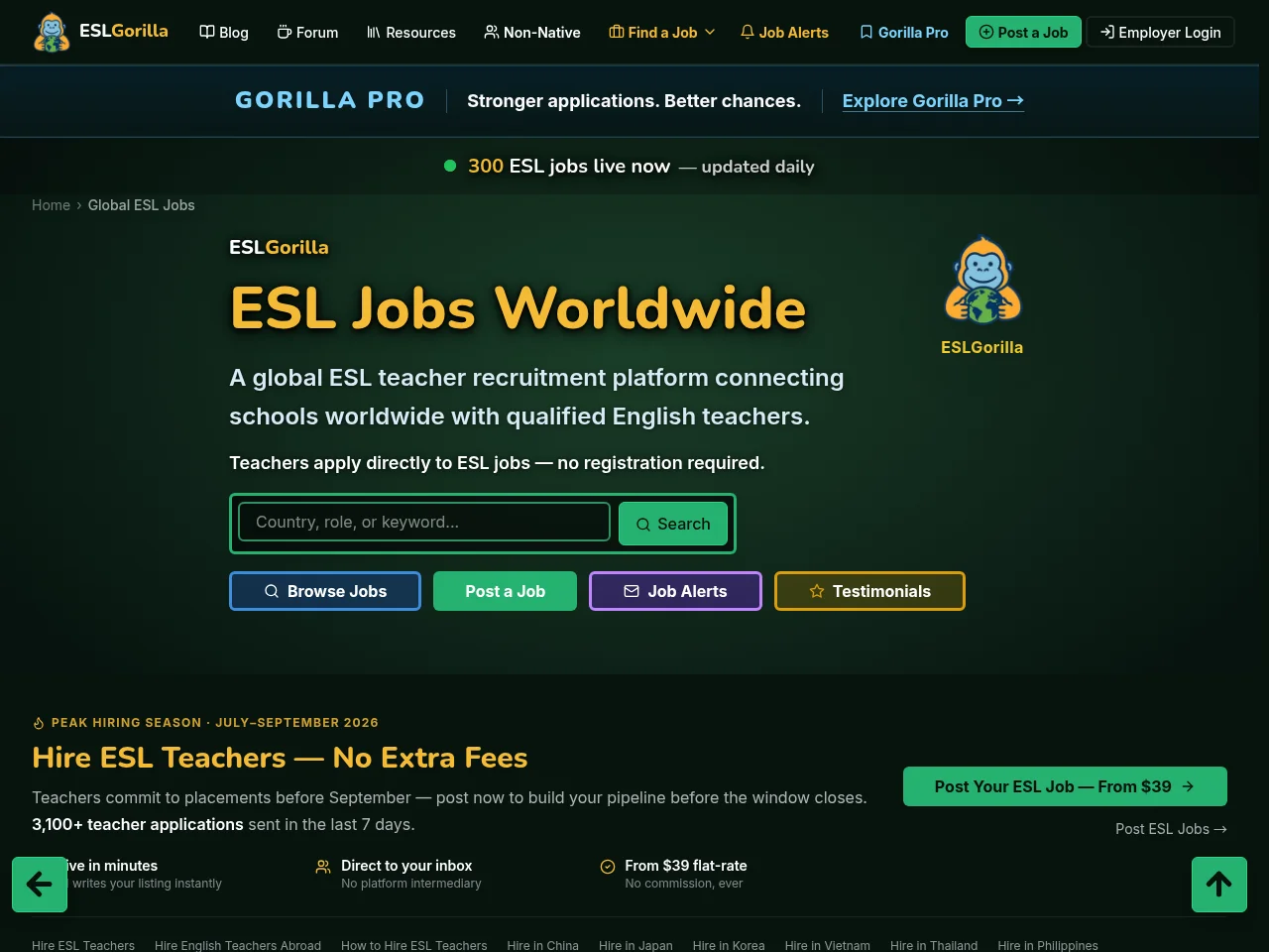 ESLGorilla job board platform screenshot showing job search interface
