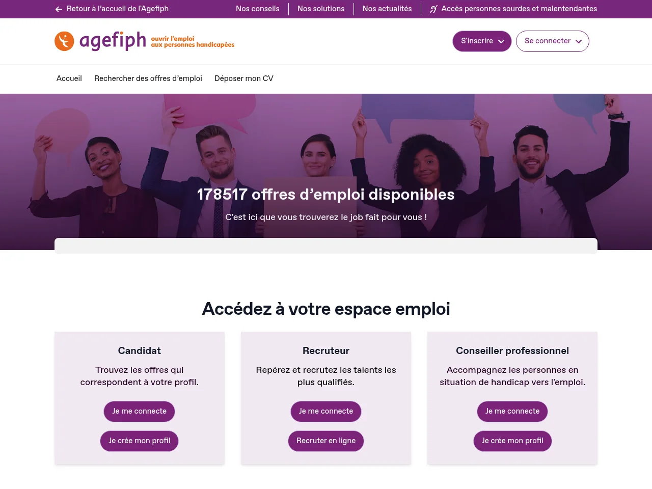 Espace emploi Agefiph job board platform screenshot showing job search interface