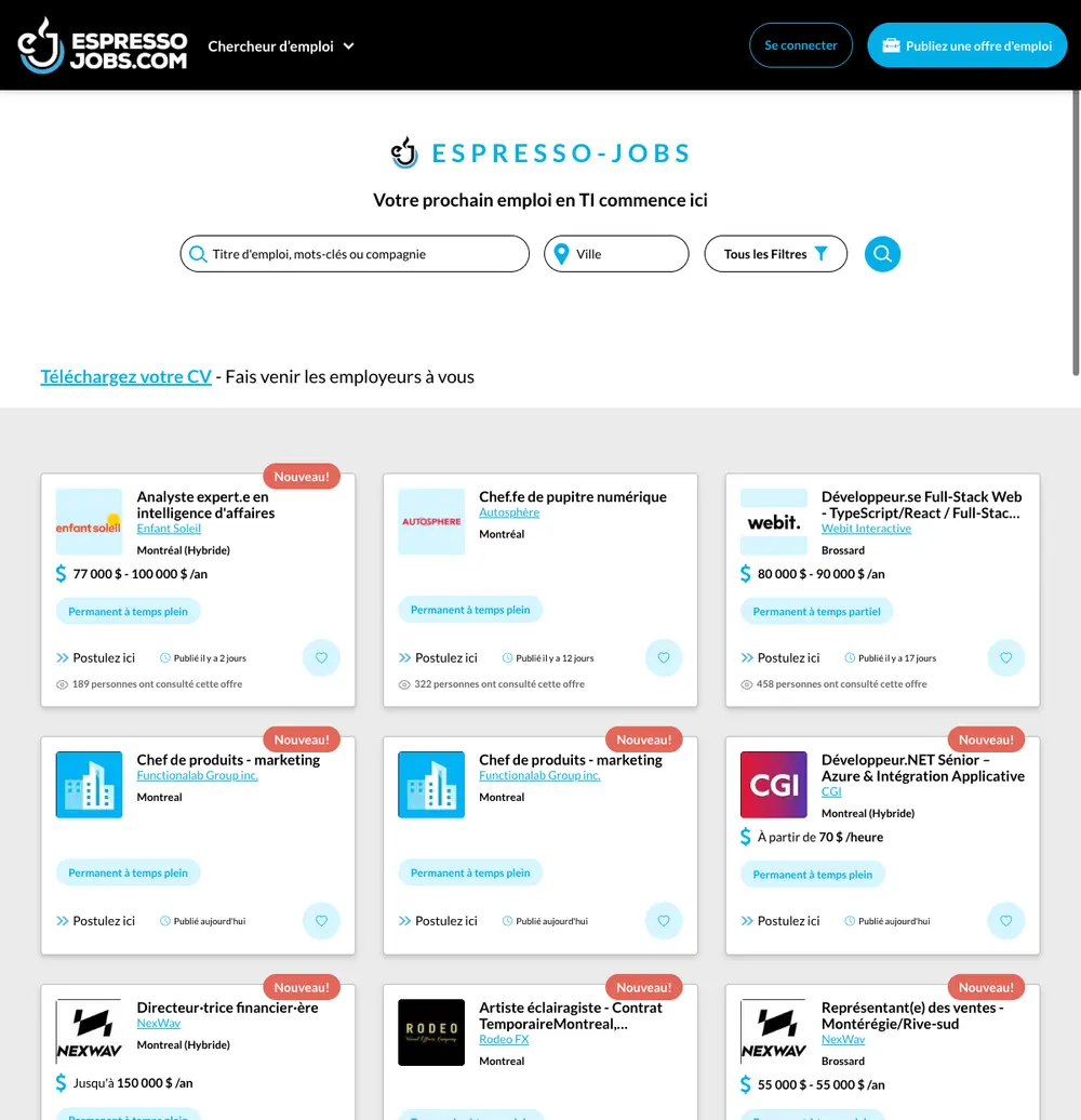Espresso-Jobs job board platform screenshot showing job search interface