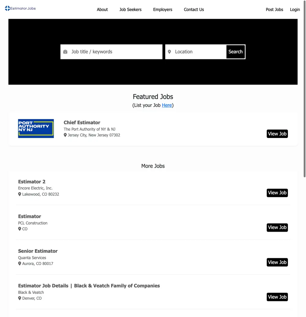 EstimatorJobs.com job board platform screenshot showing job search interface