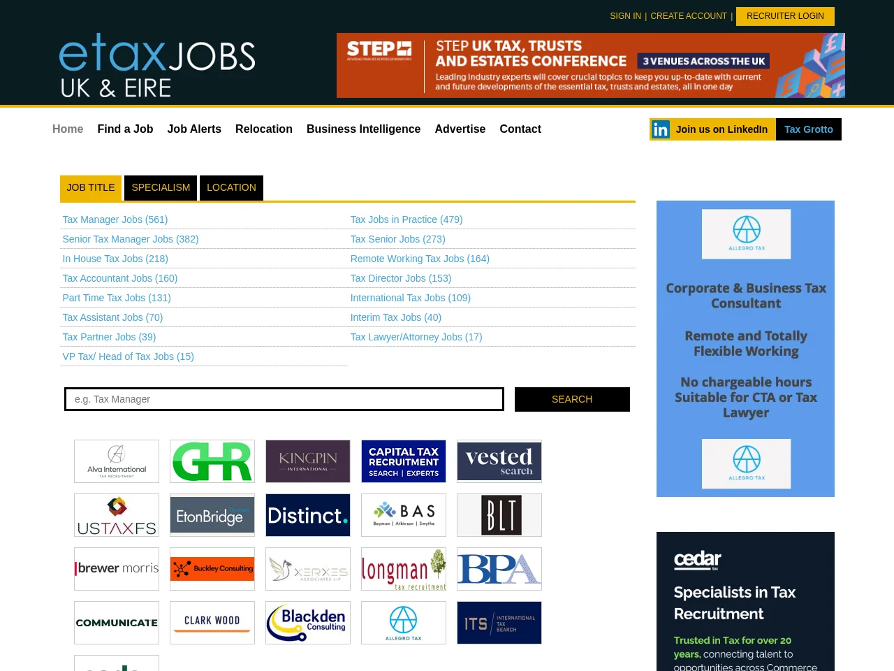 etaxjobs job board platform screenshot showing job search interface
