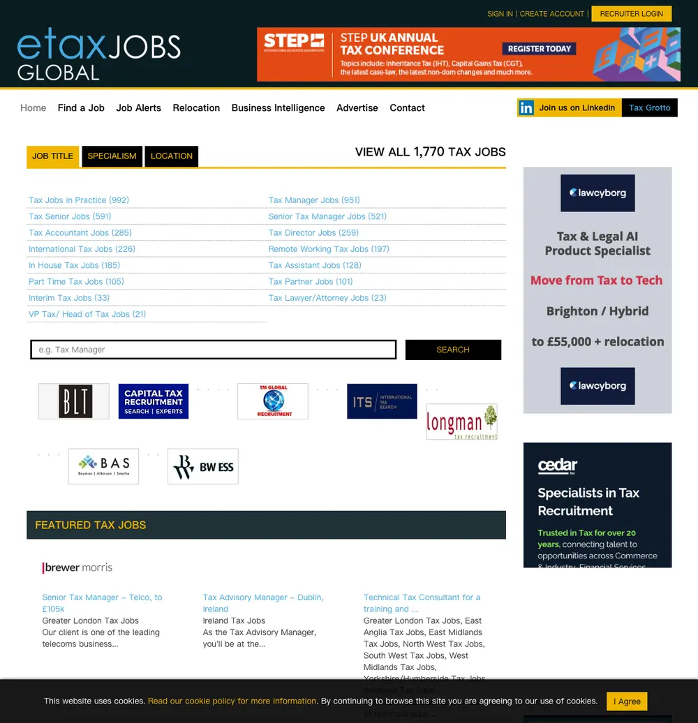 eTaxJobs job board platform screenshot showing job search interface