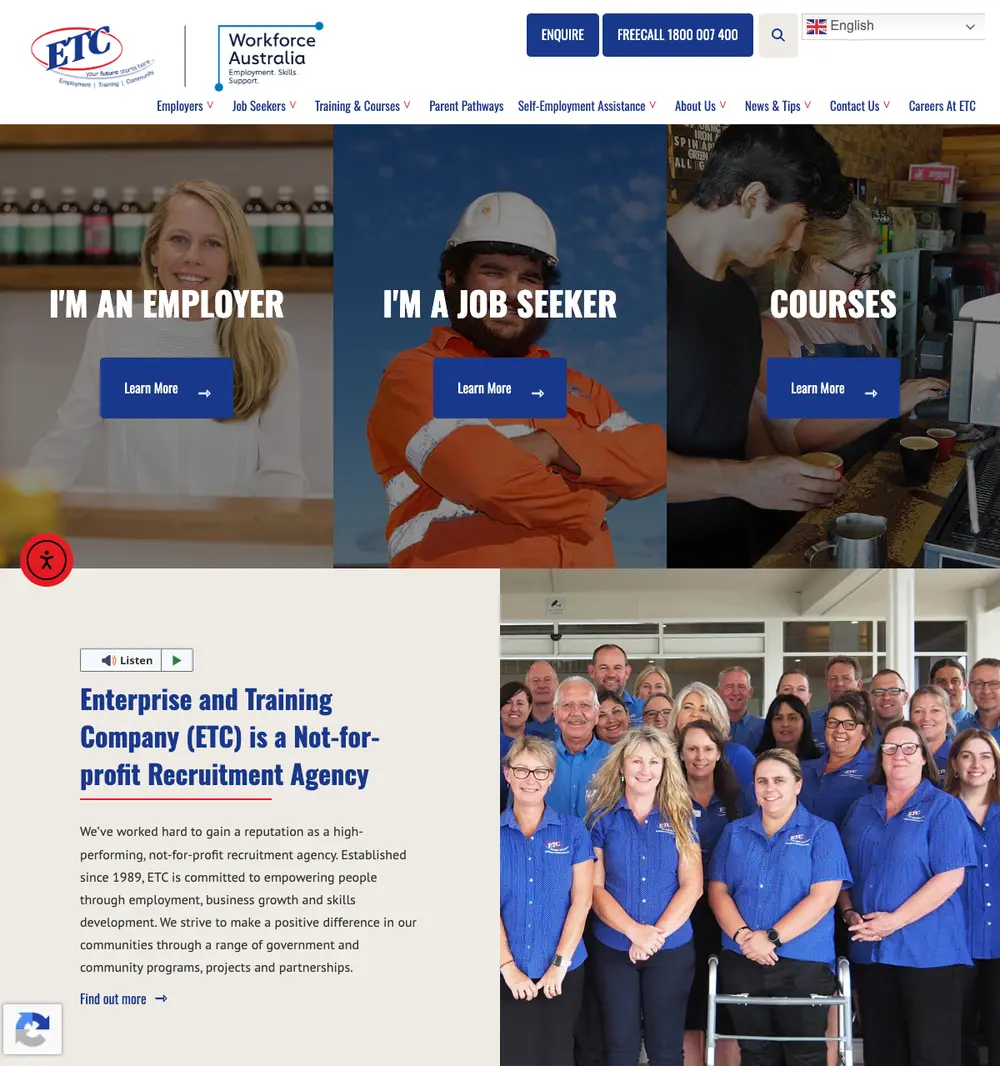 Enterprise and Training Company (ETC) job board platform screenshot showing job search interface