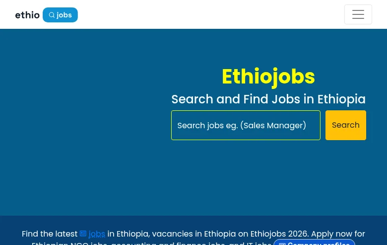 Ethiojobs job board platform screenshot showing job search interface