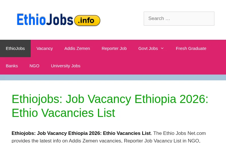 Ethiojobs job board platform screenshot showing job search interface