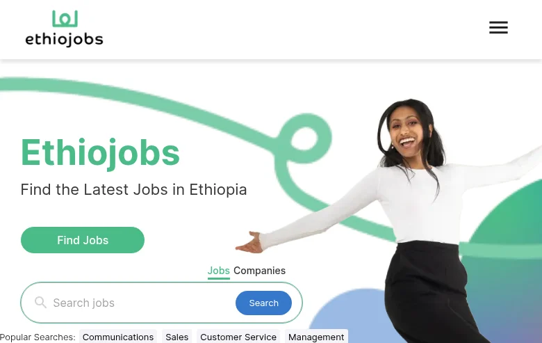 Ethiojobs job board platform screenshot showing job search interface