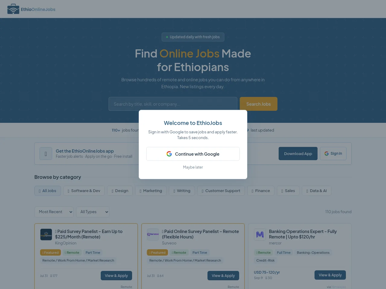 EthioJobs Online job board platform screenshot showing job search interface