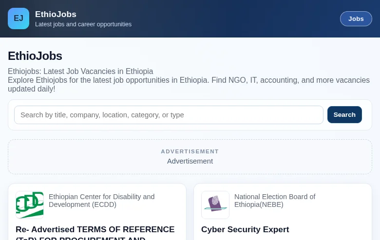 Ethiojobs job board platform screenshot showing job search interface