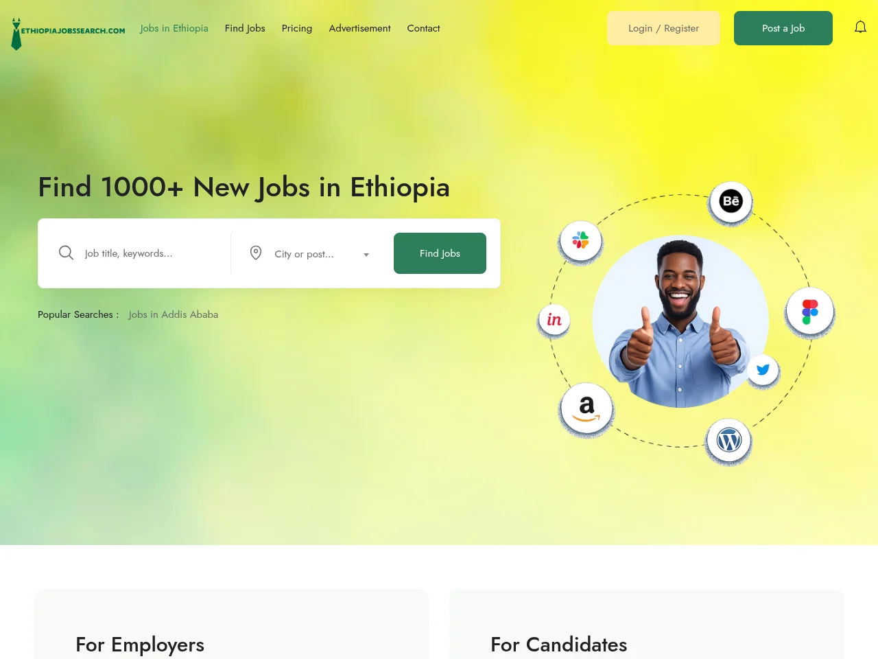 Ethiopia Jobs Search job board platform screenshot showing job search interface