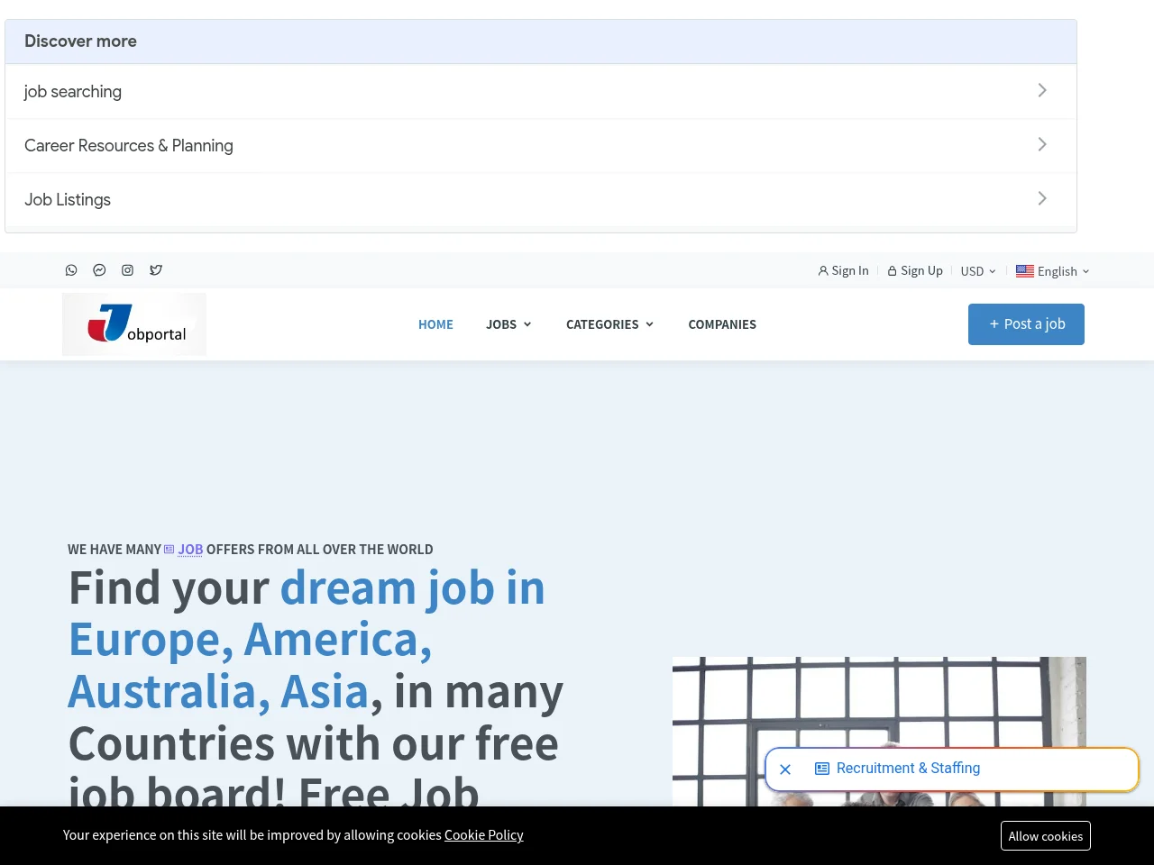 EU Job Portal job board platform screenshot showing job search interface