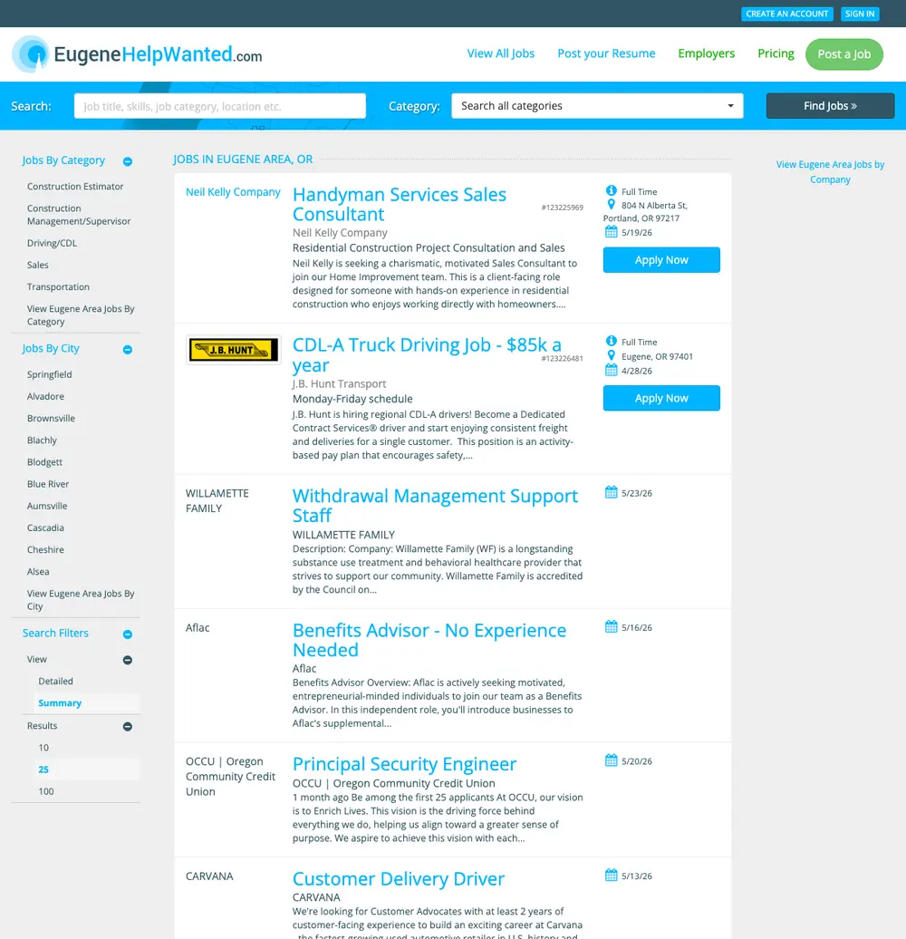 EugeneHelpWanted.com job board platform screenshot showing job search interface