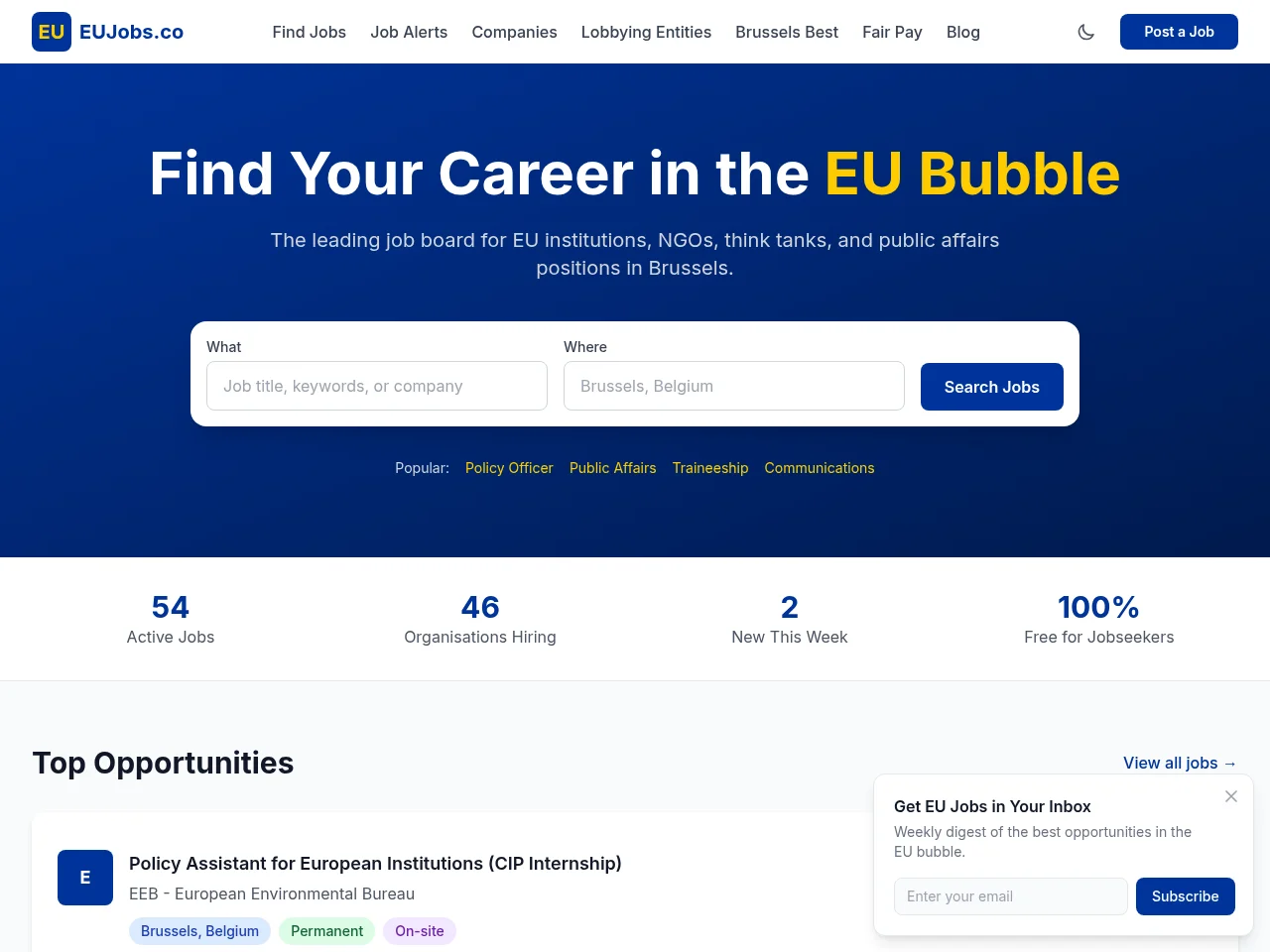EUJobs.co job board platform screenshot showing job search interface