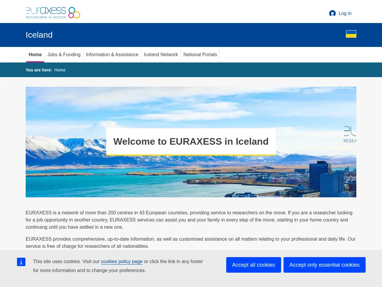 EURAXESS job board platform screenshot showing job search interface