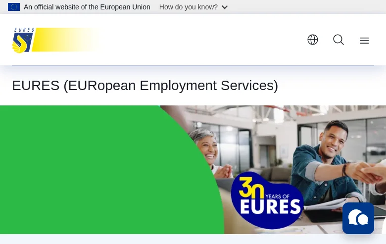 EURES job board platform screenshot showing job search interface