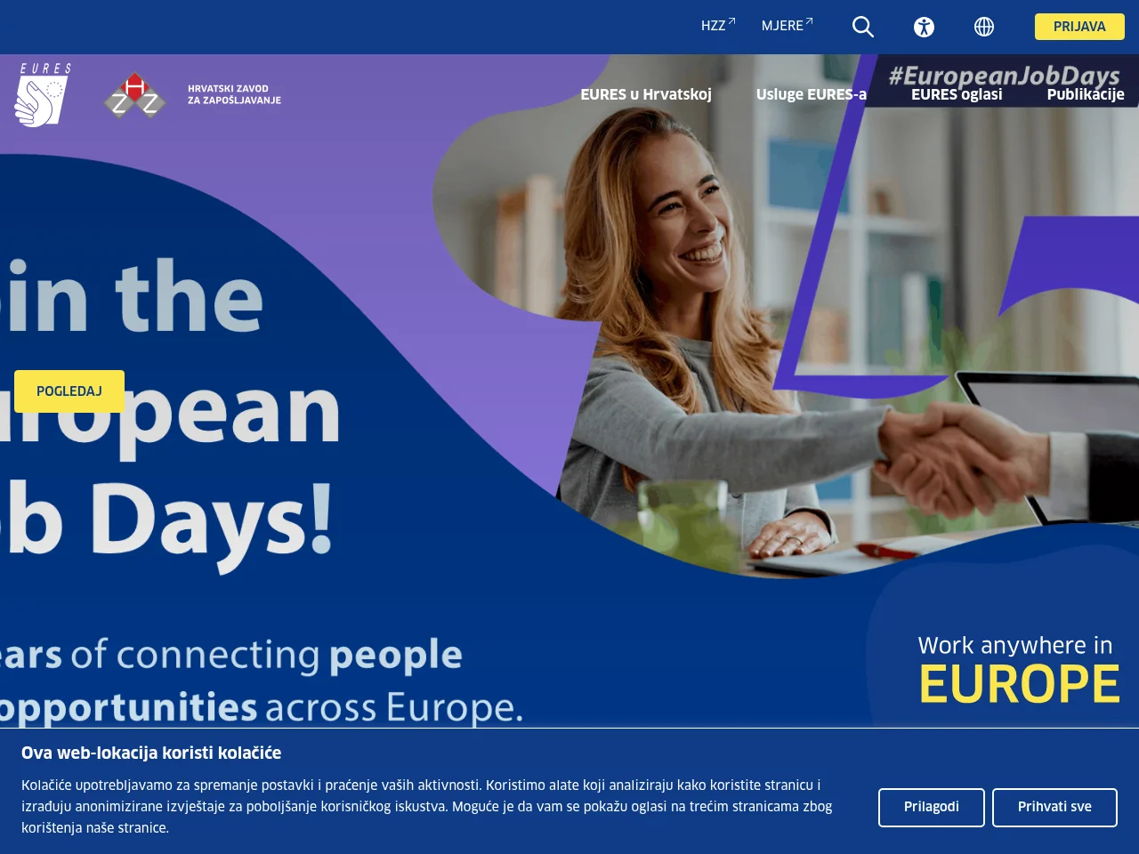 EURES – The European employment services job board platform screenshot showing job search interface
