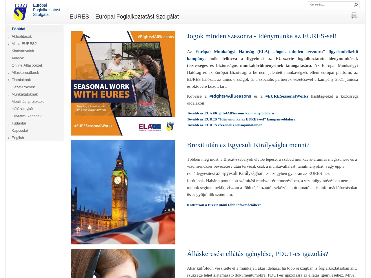 EURES – Európai Foglalkoztatási Szolgálat screenshot EURES – Európai Foglalkoztatási Szolgálat job board platform screenshot showing job search interface
