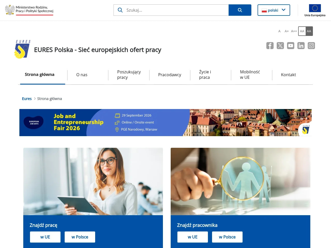 EURES Polska job board platform screenshot showing job search interface