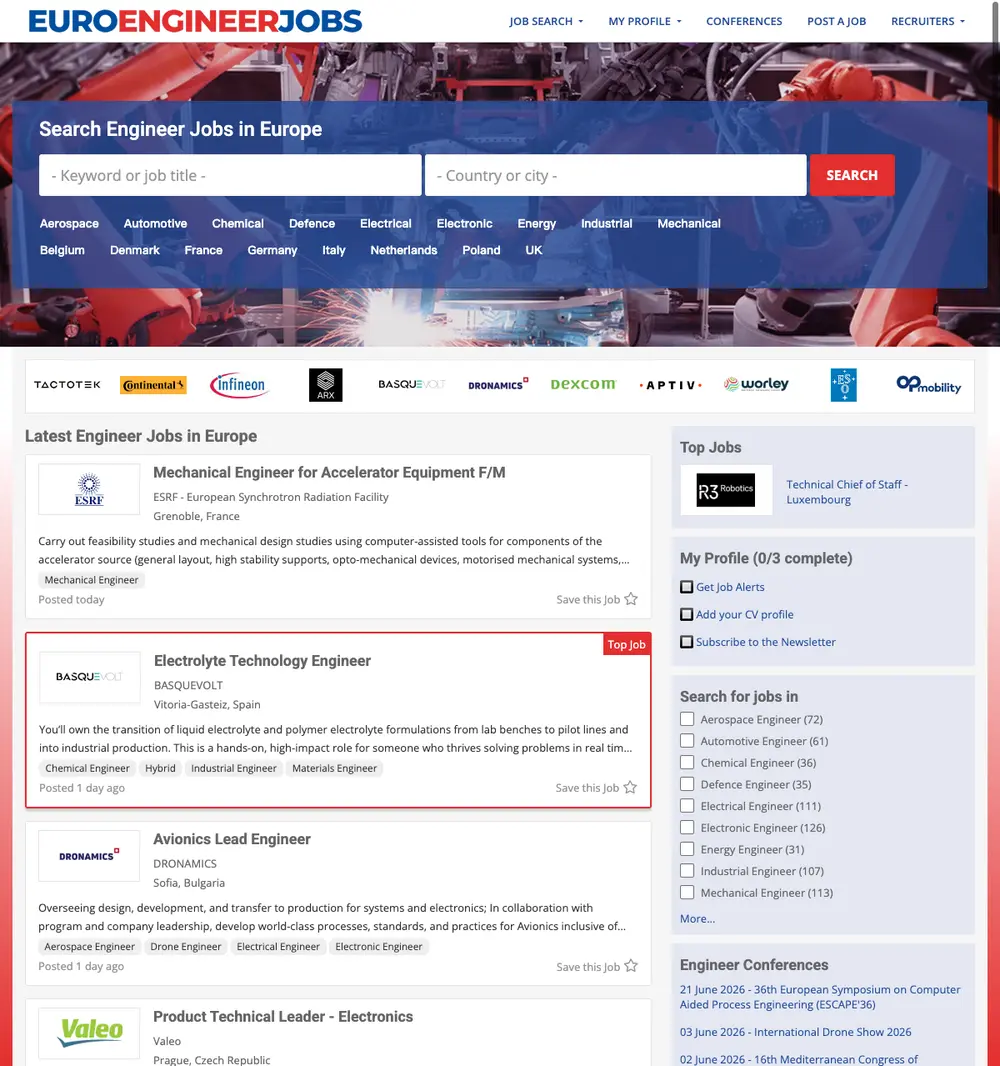 EuroEngineerJobs job board platform screenshot showing job search interface