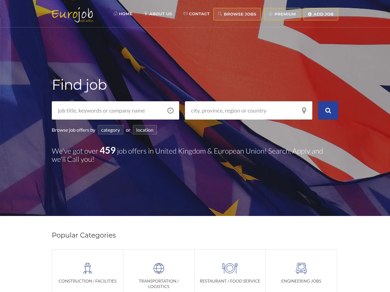 EuroJob.uk job board platform screenshot showing job search interface