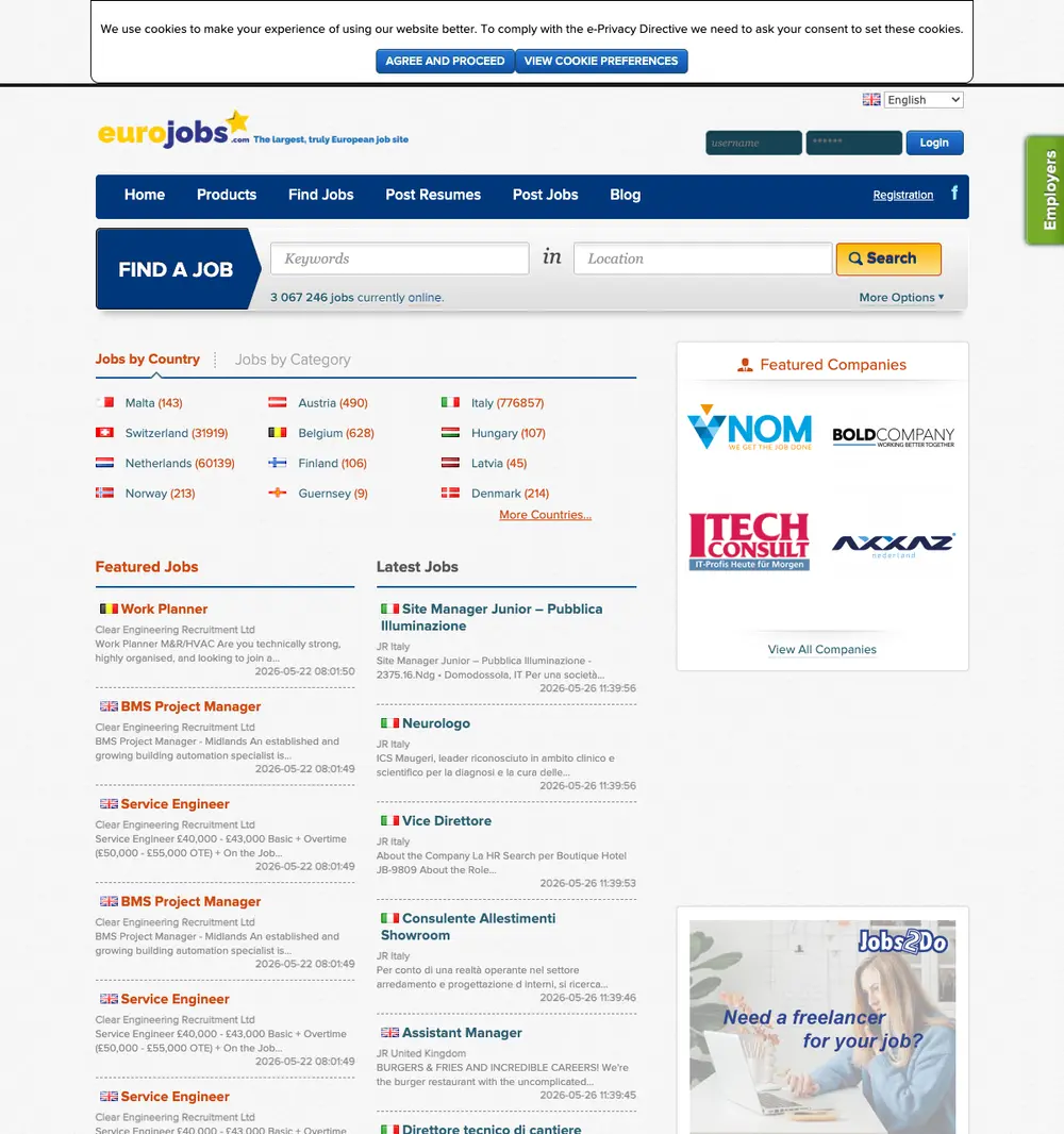 Eurojobs.com screenshot Eurojobs.com job board platform screenshot showing job search interface