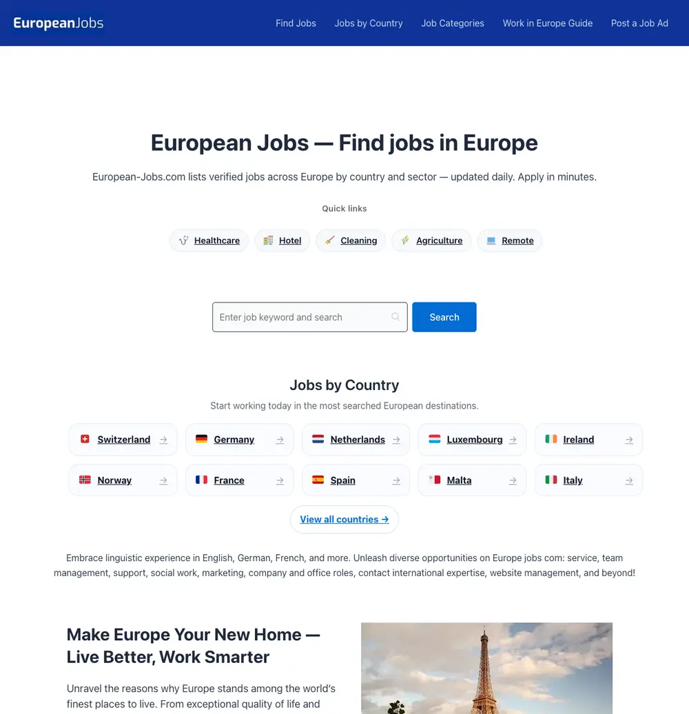 European Jobs screenshot European Jobs job board platform screenshot showing job search interface
